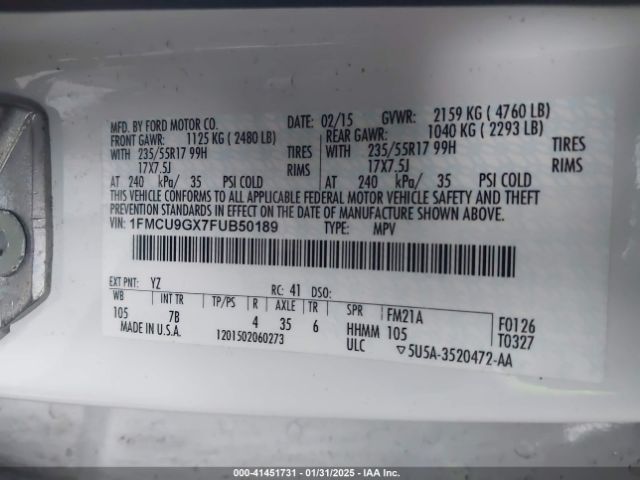 1FMCU9GX7FUB50189 Ford ESCAPE SE