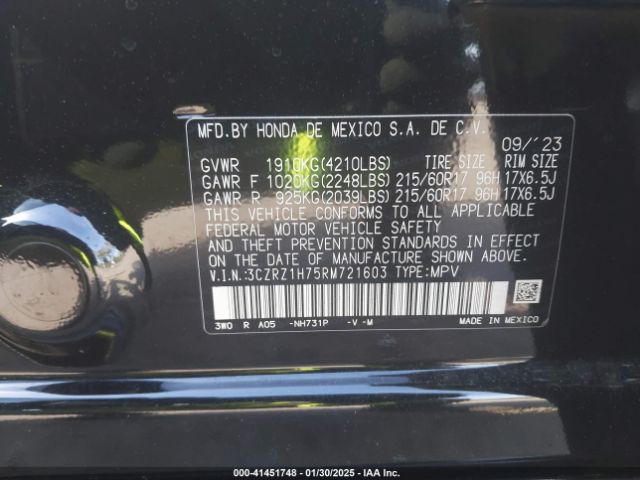 3CZRZ1H75RM721603 Honda Hr-v 2wd Ex-l/2wd Ex-l W/o Bsi