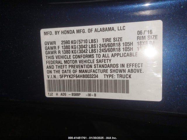 Продажа на аукционе авто 2017 Honda Ridgeline Rtl-t, vin: 5FPYK2F64HB003234, номер лота: 41451761