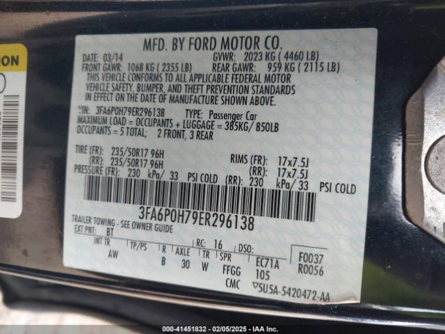3FA6P0H79ER296138 Ford FUSION SE