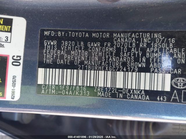 2T1BURHEXGC724179 Toyota COROLLA LE