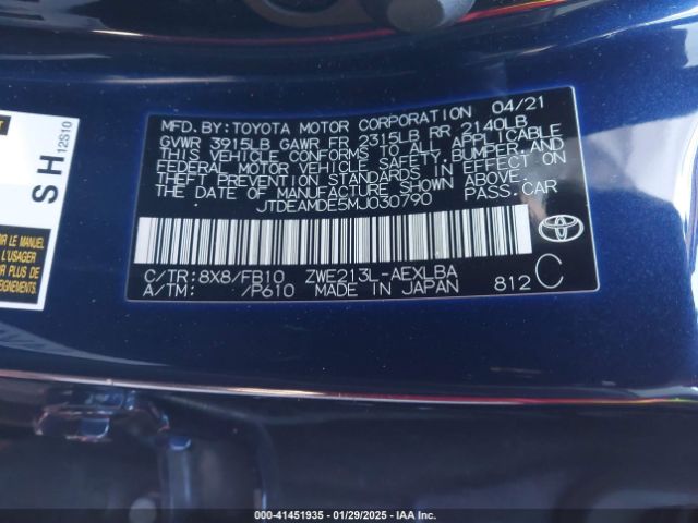 JTDEAMDE5MJ030790 Toyota Corolla Hybrid Le