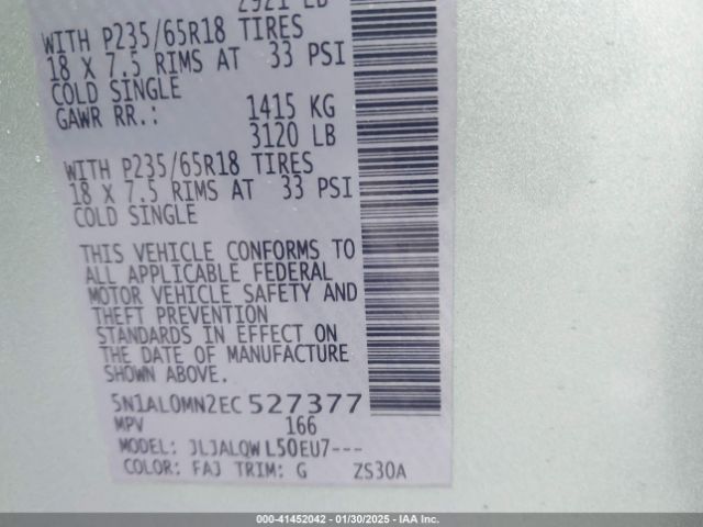5N1AL0MN2EC527377 Infiniti QX60