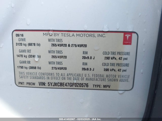 2016 TESLA MODEL X 5YJXCBE47GF020576 Photo 8