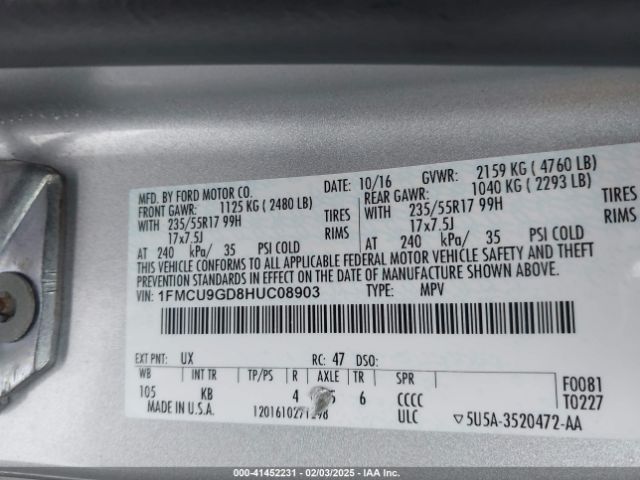 1FMCU9GD8HUC08903 Ford ESCAPE SE