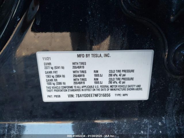 7SAYGDEE7NF316856 Tesla Model Y Long Range Dual Motor All-wheel Drive
