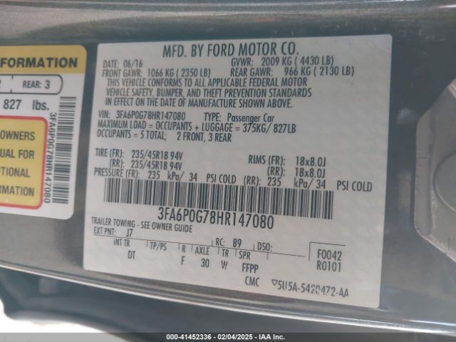 3FA6P0G78HR147080 Ford FUSION S