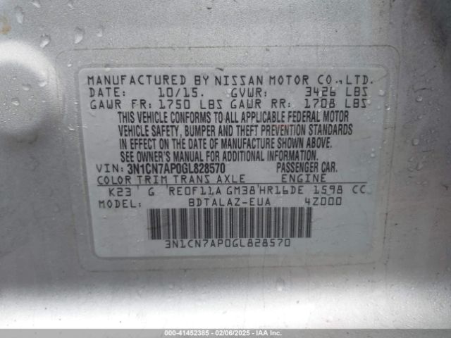 3N1CN7AP0GL828570 Nissan Versa 1.6 S+