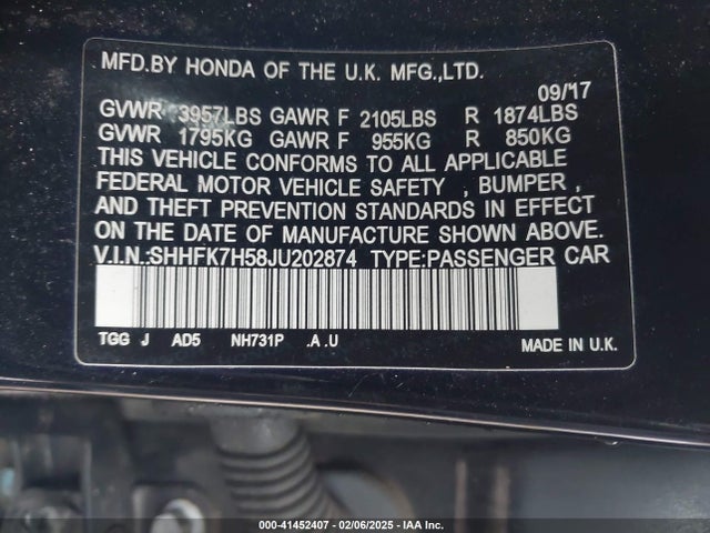 Honda CIVIC EX 2018 SHHFK7H58JU202874 Image 9