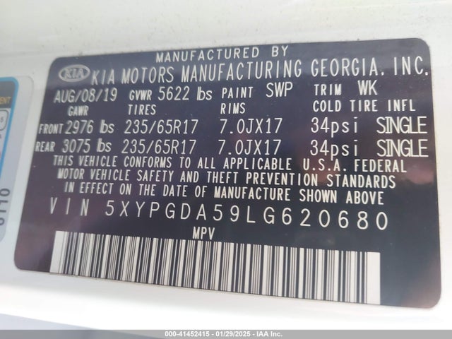 KIA Sorento 3.3l Lx 2020 5XYPGDA59LG620680 Image 9