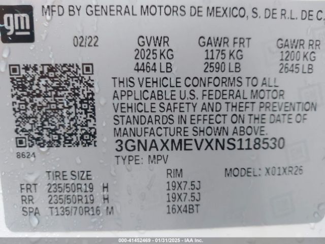 3GNAXMEVXNS118530 Chevrolet Equinox Fwd Rs