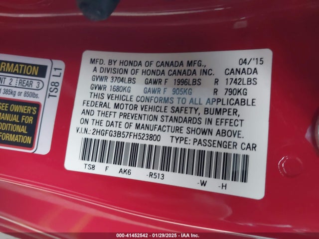Honda Civic Lx 2015 2HGFG3B57FH523800 Image 9