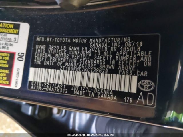 2T1BURHE7KC138628 Toyota Corolla Xle