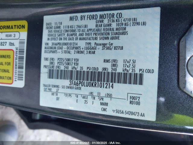 3FA6P0LU0KR101214 Ford Fusion Hybrid Se
