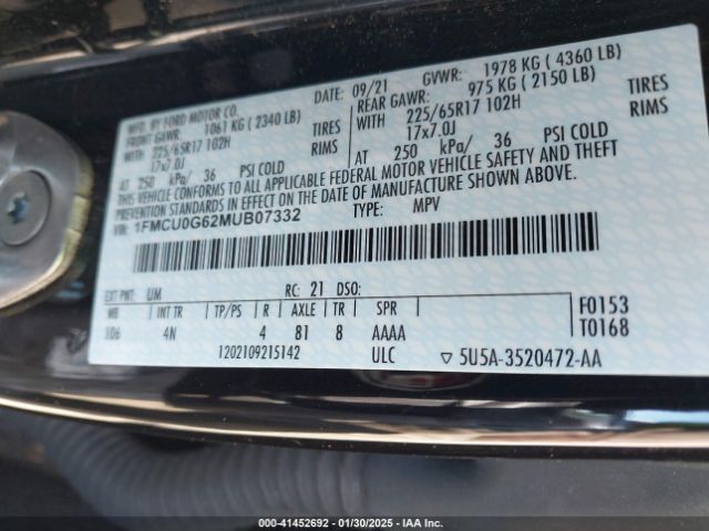 1FMCU0G62MUB07332 Ford ESCAPE SE
