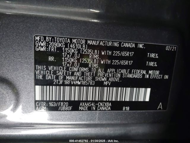 2T3F1RFV4MW185783 Toyota RAV4 LE