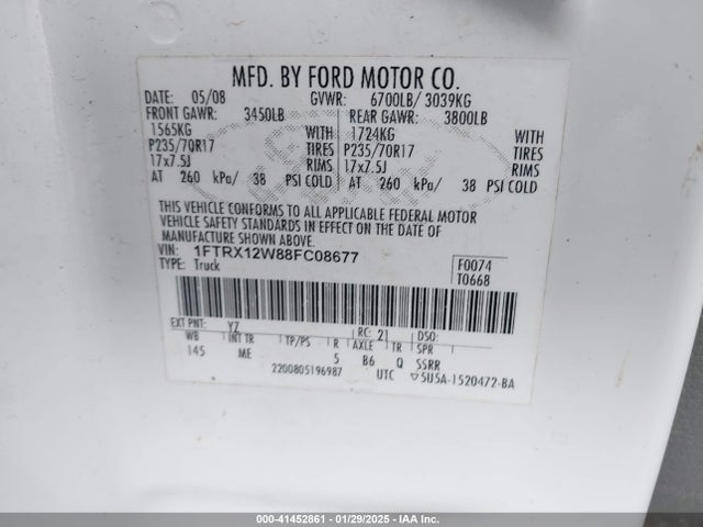 Продажа на аукционе авто 2008 Ford F-150 Fx2/stx/xl/xlt, vin: 1FTRX12W88FC08677, номер лота: 41452861