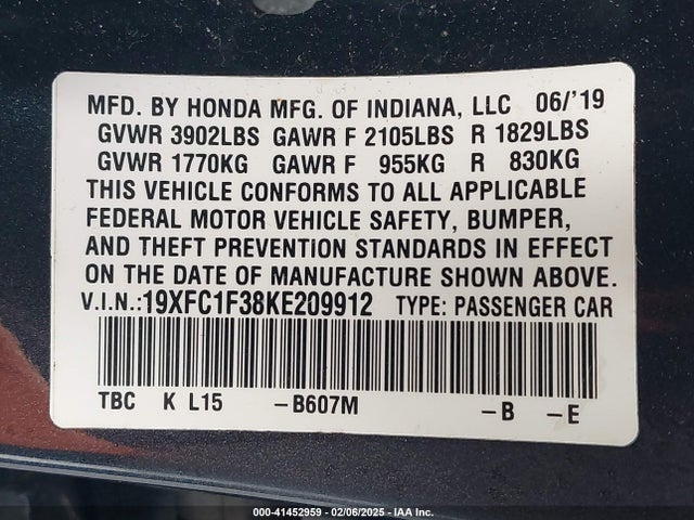 Honda CIVIC EX 2019 19XFC1F38KE209912 Image 9