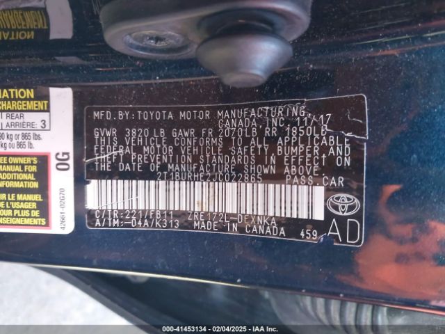 2T1BURHE2JC022865 Toyota COROLLA LE