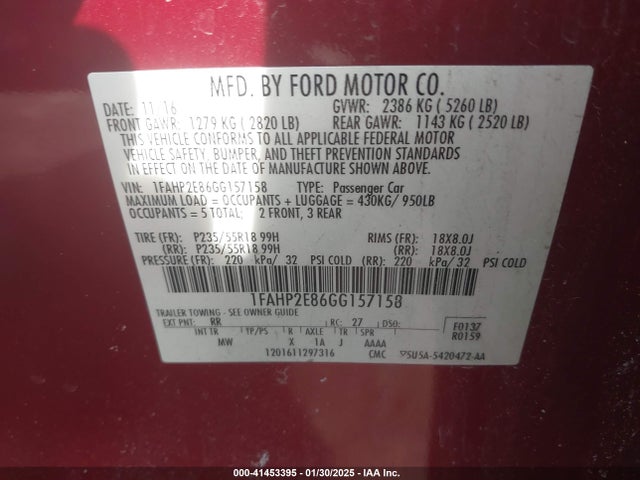 1FAHP2E86GG157158 Ford TAURUS SEL