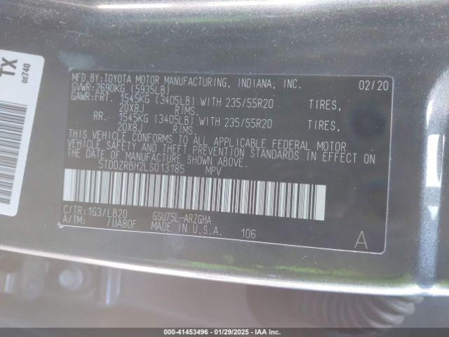 5TDDZRBH2LS013185 Toyota Highlander Limited