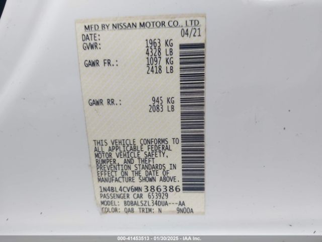 1N4BL4CV6MN386386 Nissan Altima Sr Fwd