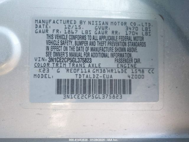 3N1CE2CP5GL375823 Nissan Versa Note S (sr)/s Plus/sl/sr/sv
