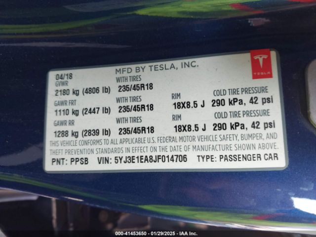5YJ3E1EA8JF014706 Tesla Model 3 Long Range/mid Range