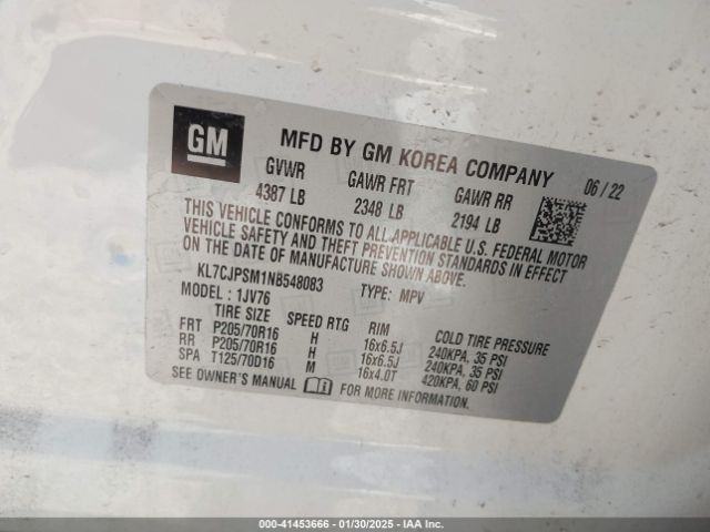 KL7CJPSM1NB548083 Chevrolet Trax Awd Lt