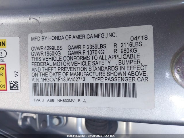 Honda ACCORD LX 2018 1HGCV1F13JA152713 Image 9