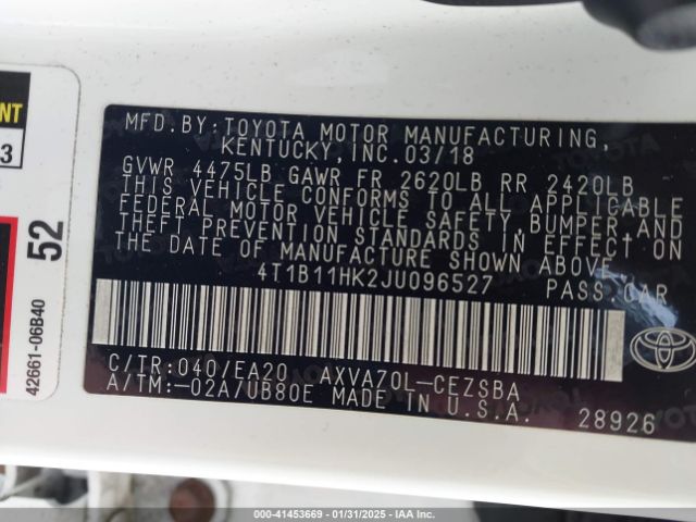 4T1B11HK2JU096527 Toyota CAMRY SE