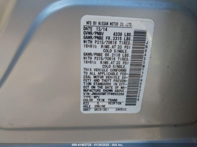JN8AS5MT7FW650289 Nissan Rogue Select S