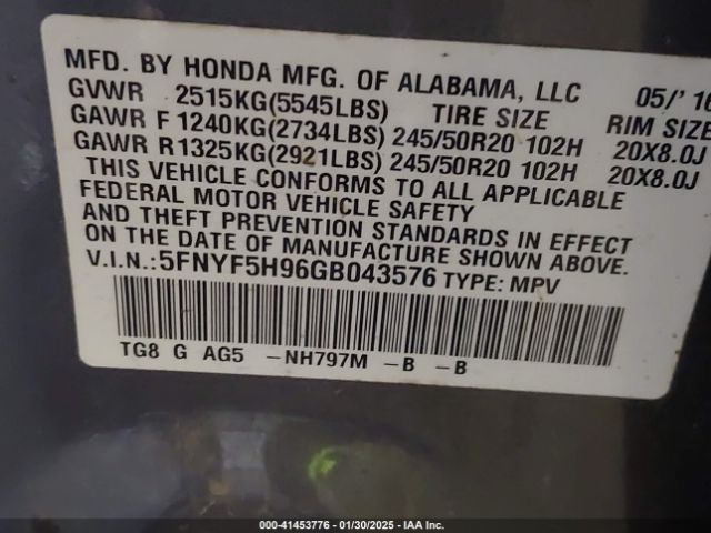 5FNYF5H96GB043576 Honda j35y6