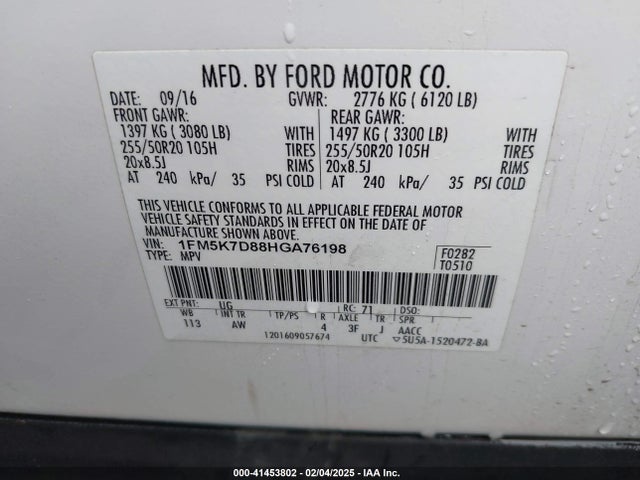 1FM5K7D88HGA76198 Ford EXPLORER XLT