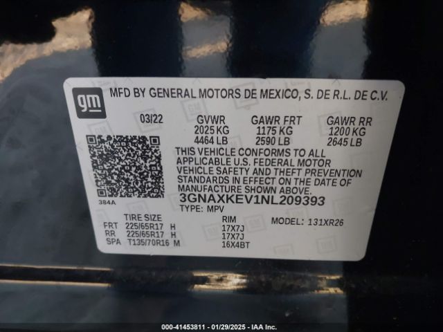 3GNAXKEV1NL209393 Chevrolet Equinox Fwd Lt