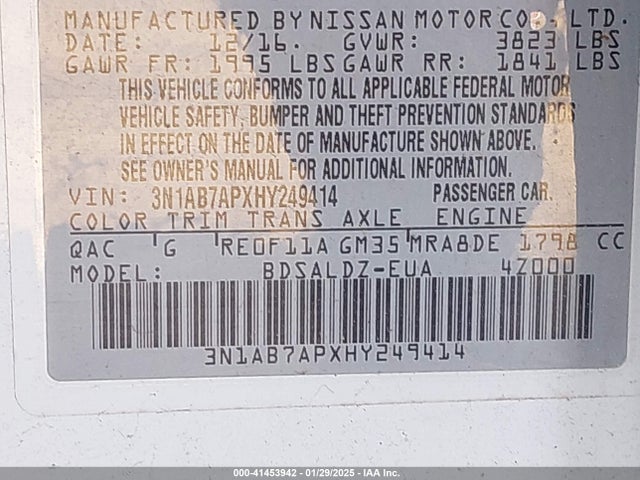 Nissan SENTRA SV 2017 3N1AB7APXHY249414 Image 9