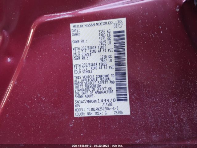 5N1AZ2MHXHN149970 Nissan MURANO SL
