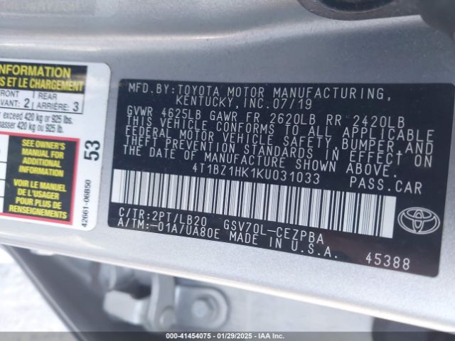 4T1BZ1HK1KU031033 Toyota Camry Xse V6