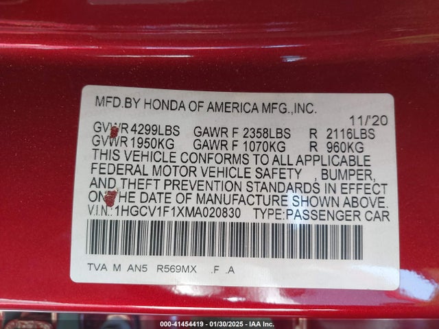 1HGCV1F1XMA020830 Honda ACCORD LX