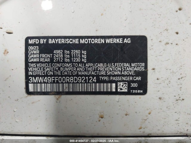 41454727 :رقم المزاد ، 3MW49FF00R8D92124 vin ، 2024 Bmw M340i M340i Xdrive مزاد بيع