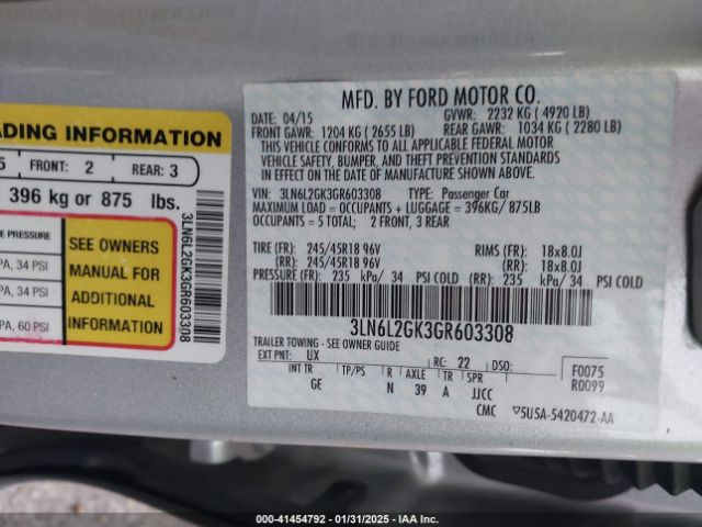 3LN6L2GK3GR603308 Lincoln MKZ