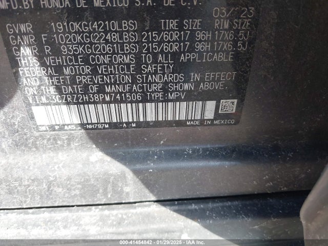 3CZRZ2H38PM741506 Honda Hr-v Awd Lx