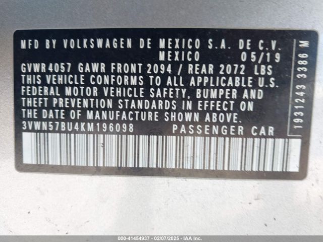 3VWN57BU4KM196098 Volkswagen Jetta 1.4t S