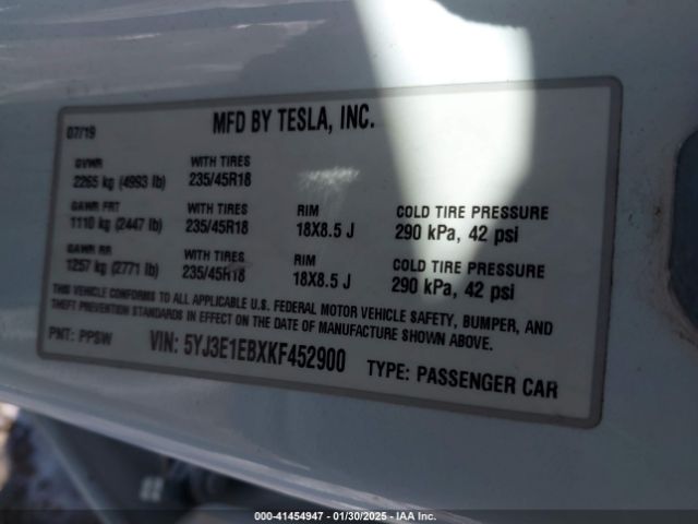 5YJ3E1EBXKF452900 Tesla Model 3 Long Range/performance