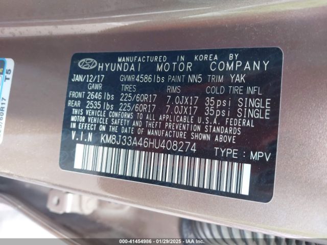 KM8J33A46HU408274 Hyundai Tucson Se Plus