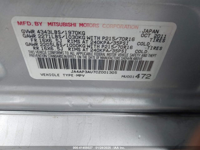 Aukcja sprzedaży 2012 Mitsubishi Outlander Sport Es, vin: JA4AP3AU7CZ001305, numer aukcji: 41455027