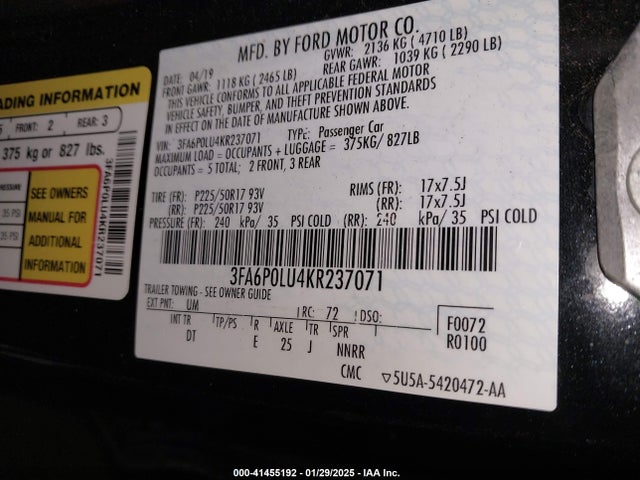 Ford Fusion Hybrid Se 2019 3FA6P0LU4KR237071 Image 9