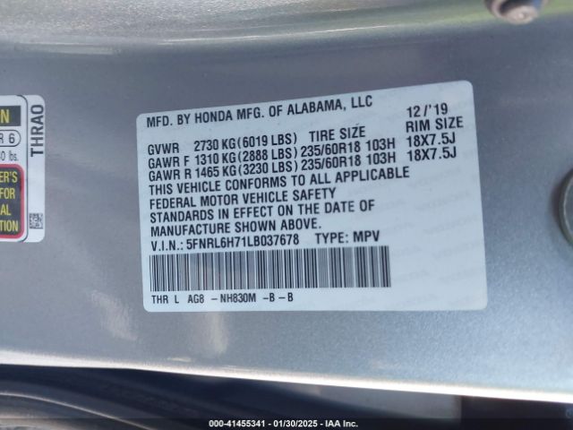 5FNRL6H71LB037678 Honda Odyssey Ex-l/ex-l W/navi   Res