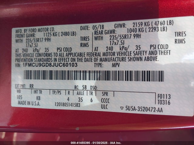 1FMCU9GD8JUC60103 Ford ESCAPE SE
