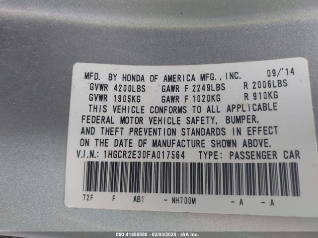 Honda ACCORD LX 2015 1HGCR2E30FA017564 Image 9
